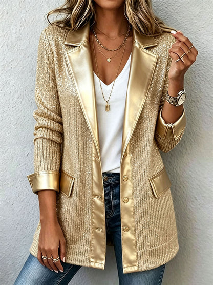 Blazer de punto dorado con ribetes de polipiel Aurora