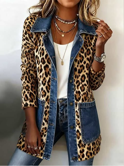 Chaqueta larga leopardo con detalles denim Lorena