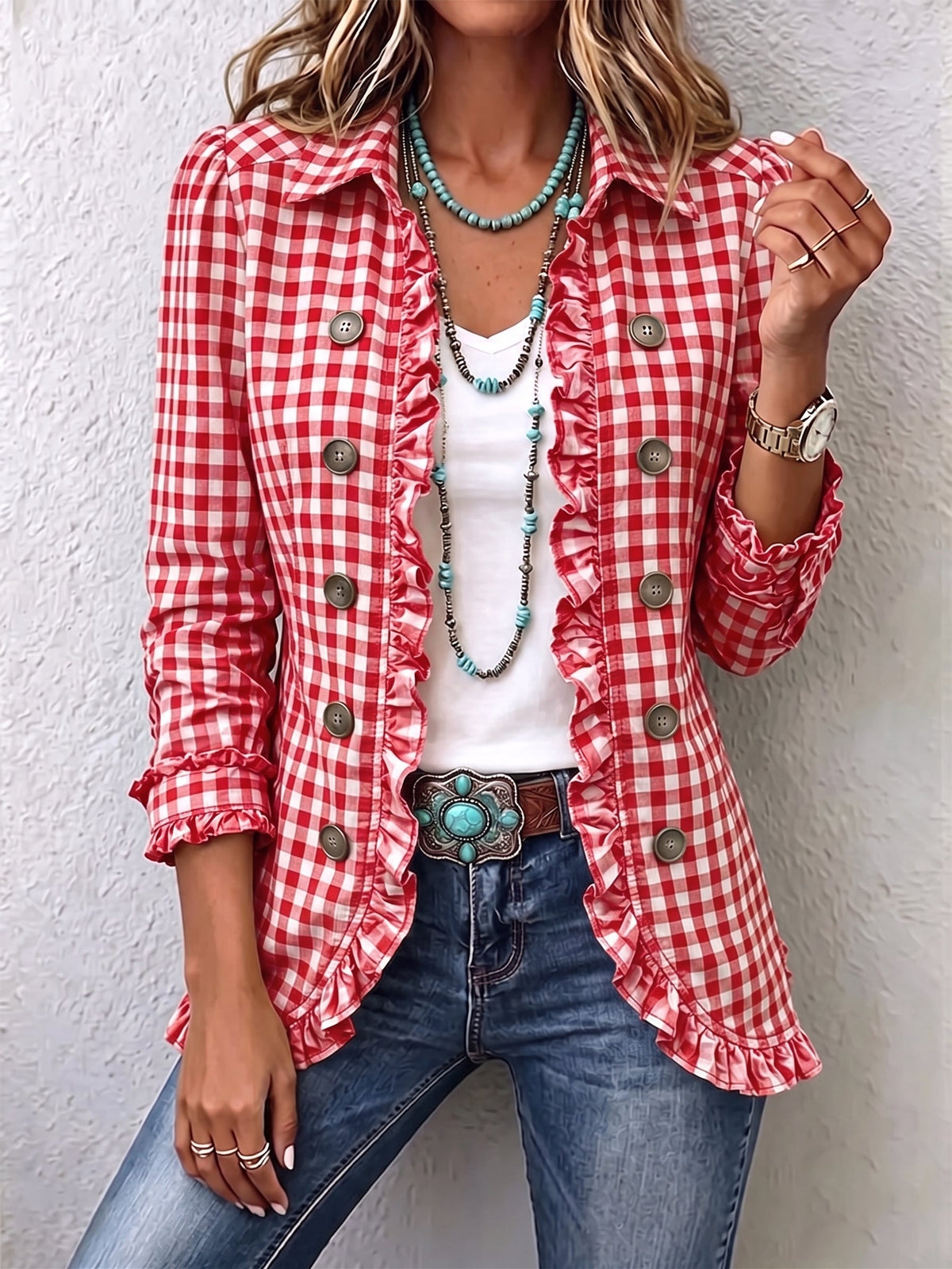 Chaqueta a cuadros vichy con volantes Perla