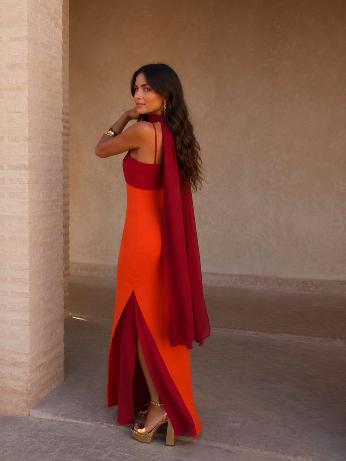 Vestido largo drapeado bicolor Sofía