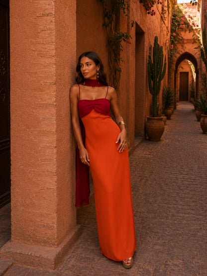 Vestido largo drapeado bicolor Sofía