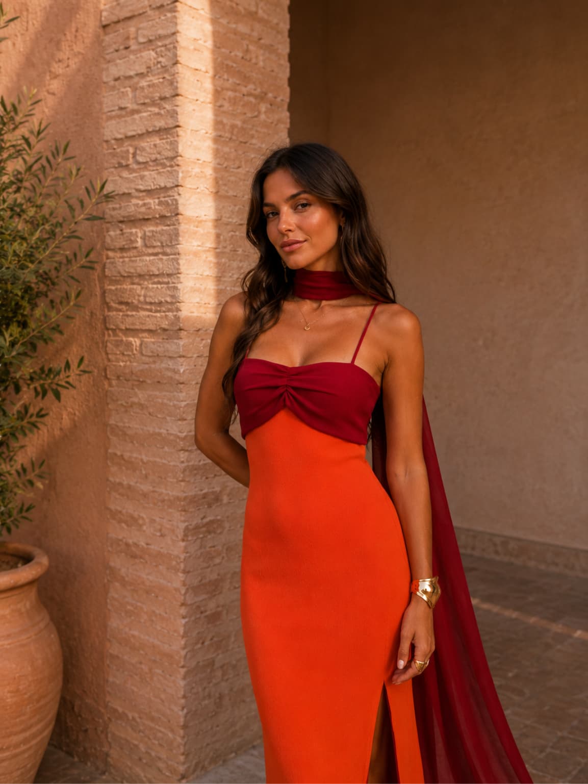 Vestido largo drapeado bicolor Sofía