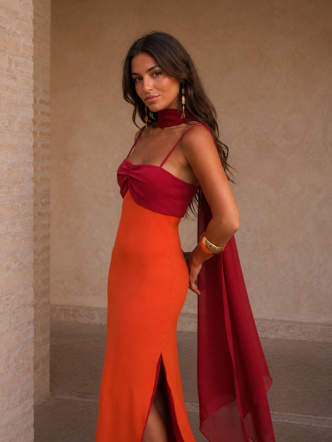 Vestido largo drapeado bicolor Sofía